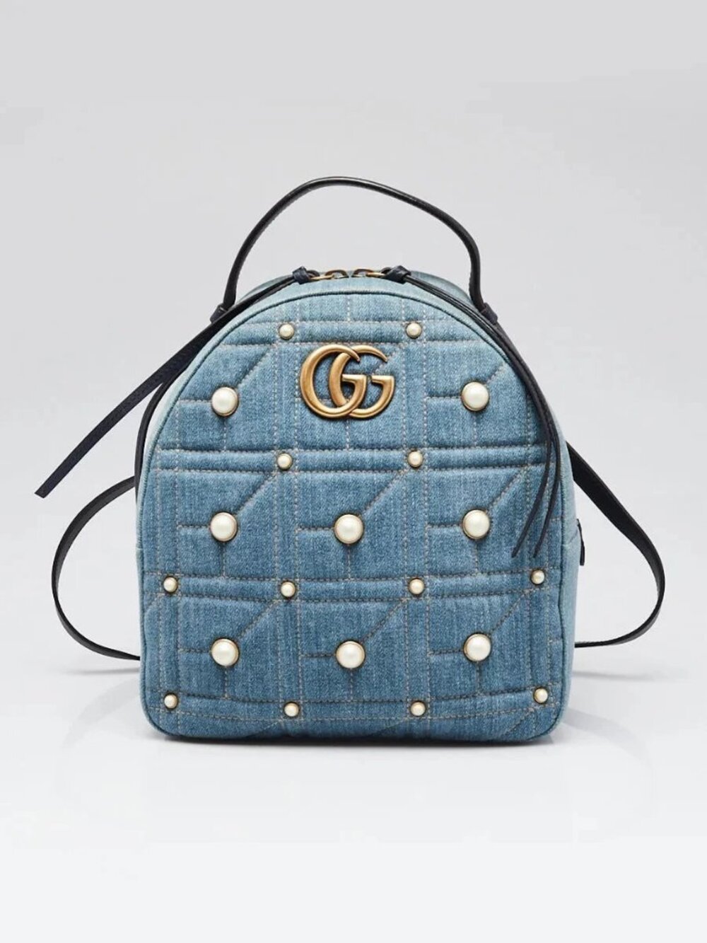 Gucci Blue Quilted Denim Faux Pearl Marmont Backpack Bag